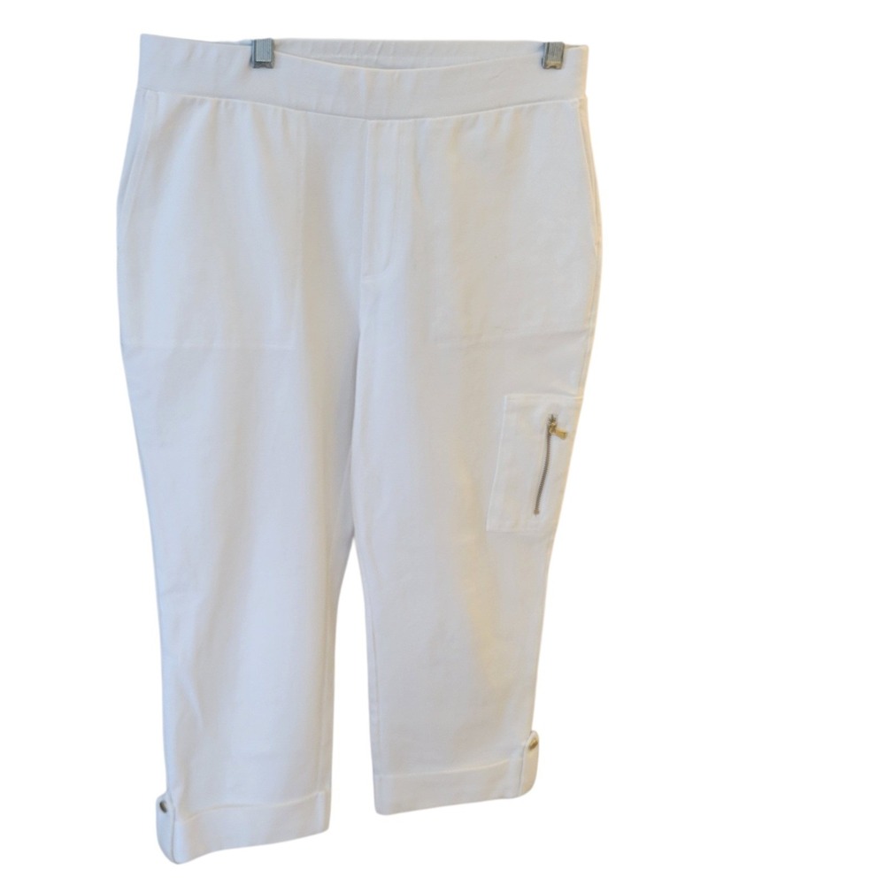 Susan Graver Weekend White Cropped Cargo Pants Petite Small Stretch Cotton